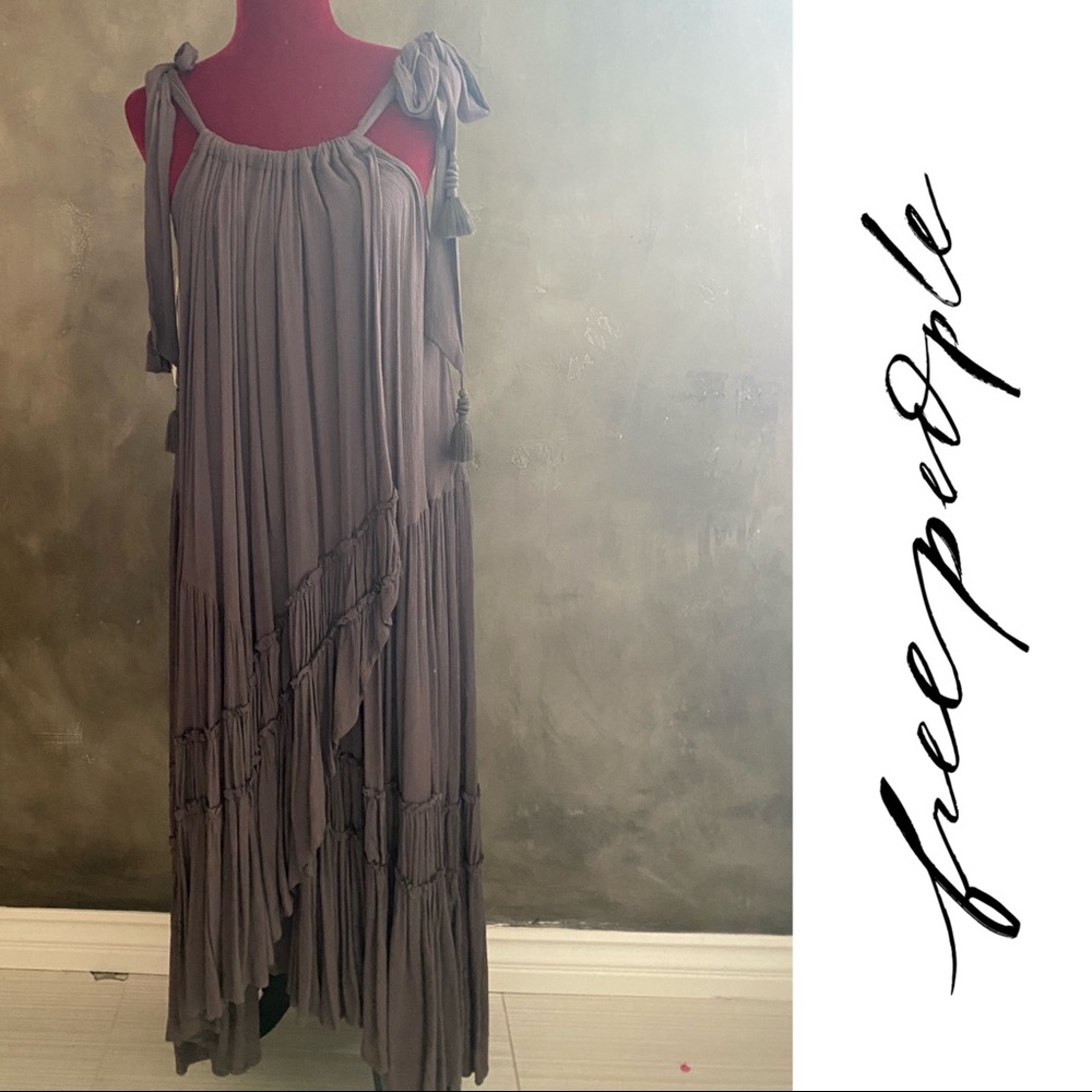Free People Brown Tiered Tie-Shoulder Maxi Dress